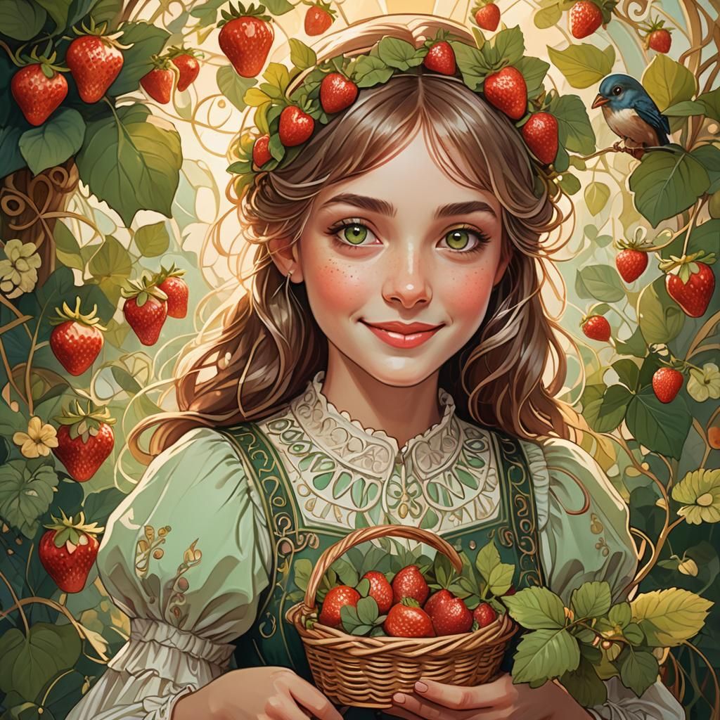 Art Nouveau Portrait: Girl with Cuckoos and Strawberries