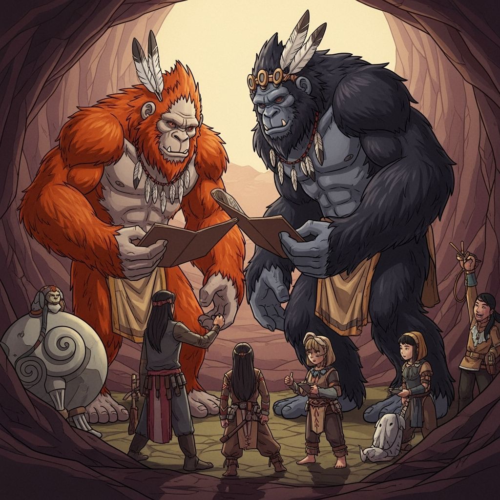 Giant Sasquatch Tribes Mapping Realms in Cinematic Style