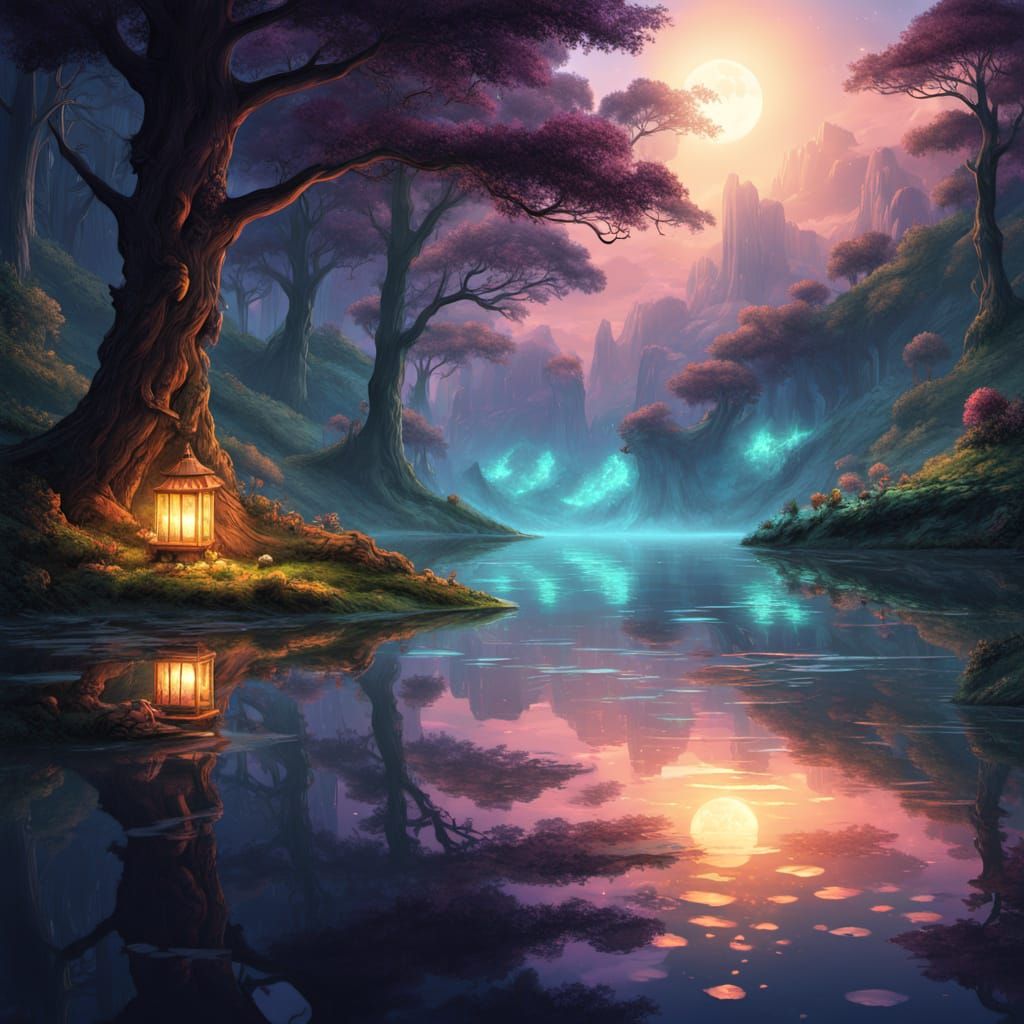 Ethereal Lake Reflection in Enchanted Forest
