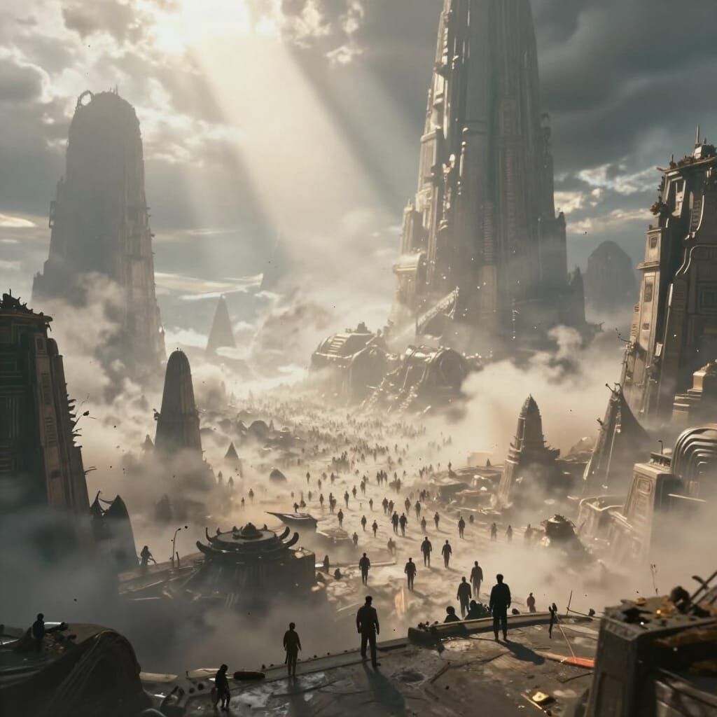 Colossal Infinity Landscape with Tiny Figures in Dramatic Li...