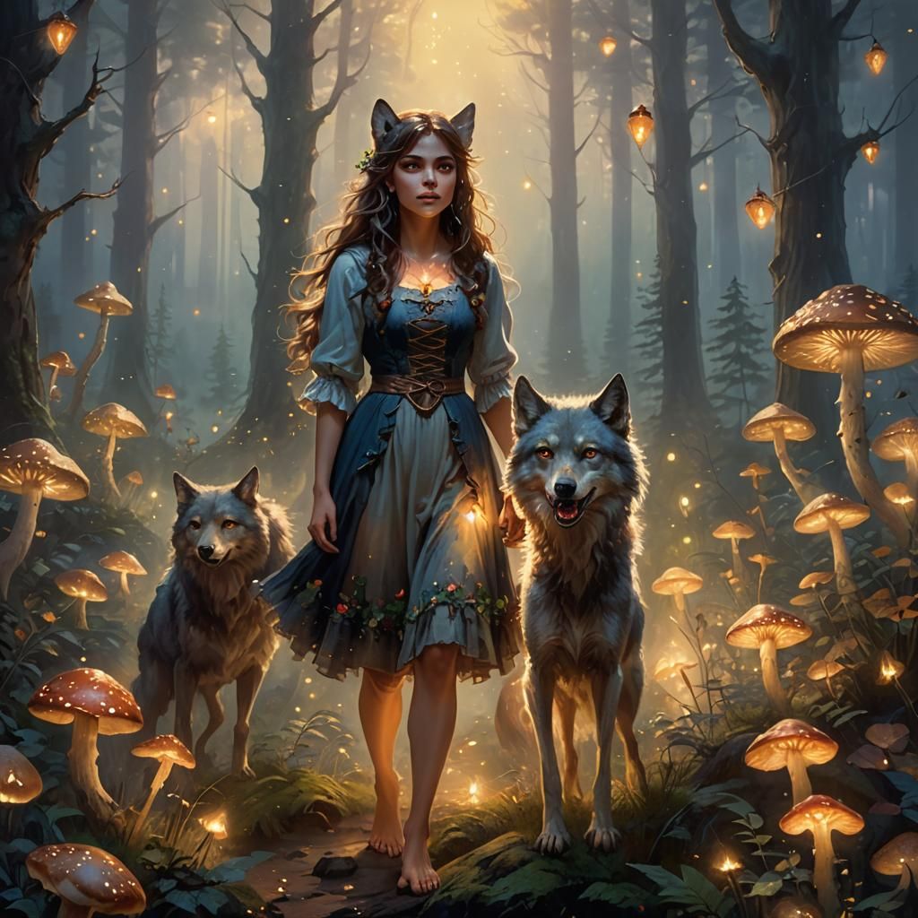 Happy Werewolf Girl in Misty Forest