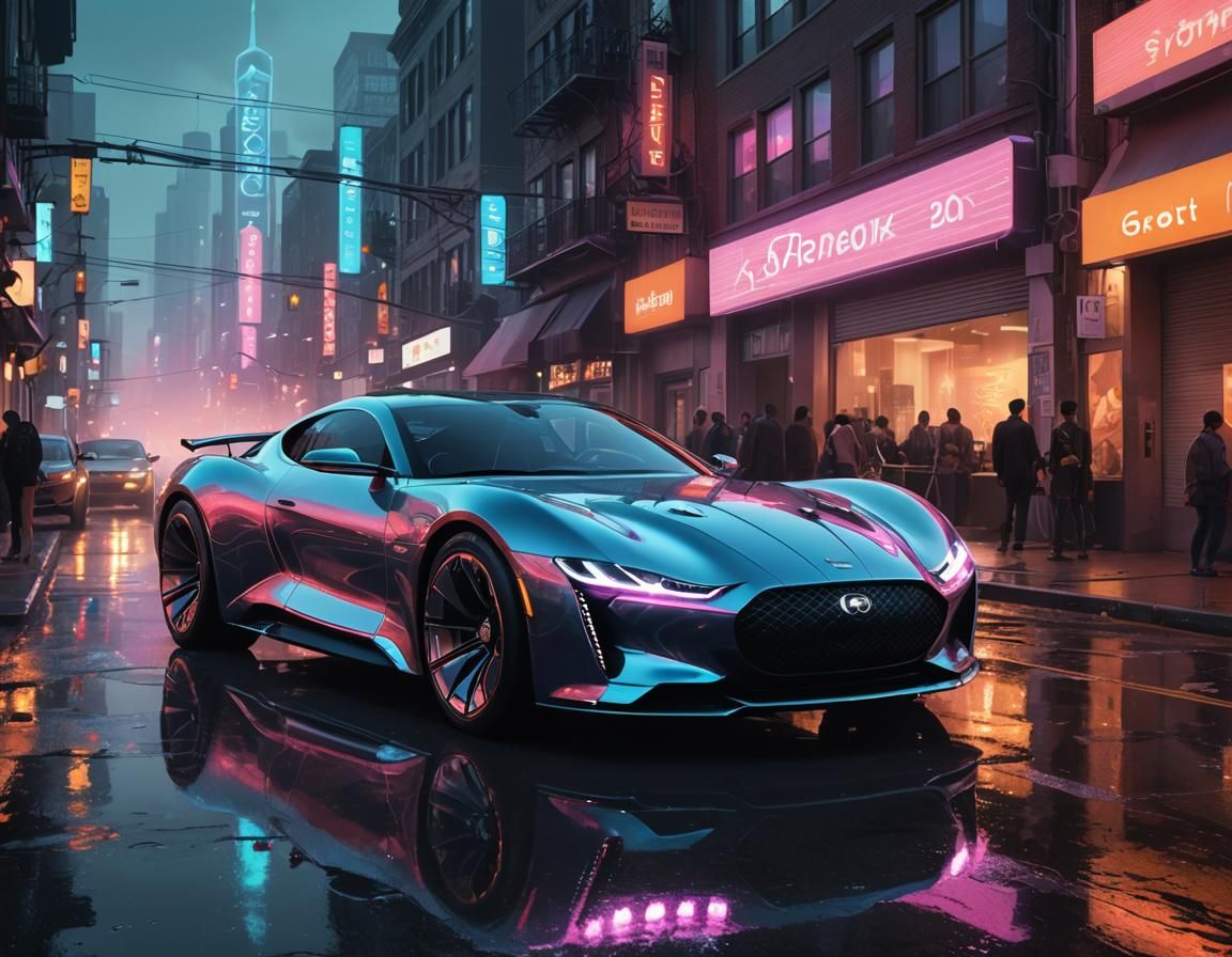 Serpent Car Glides Through Neon Cityscape