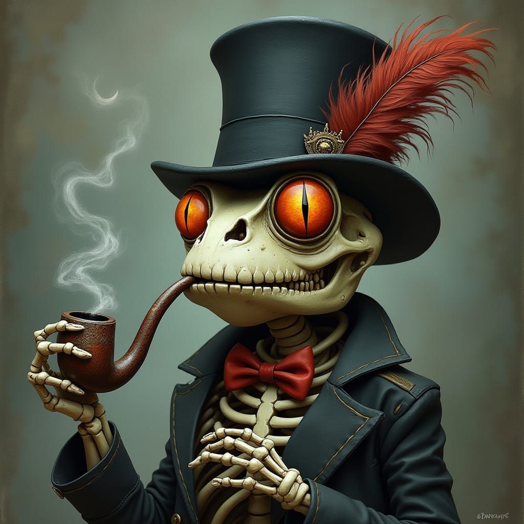 Victorian Skeleton Frog in Top Hat and Pipe