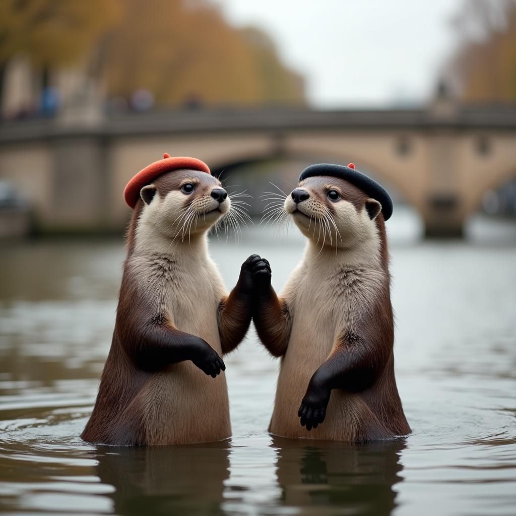 Happy Otters Float Through Paris Seine River