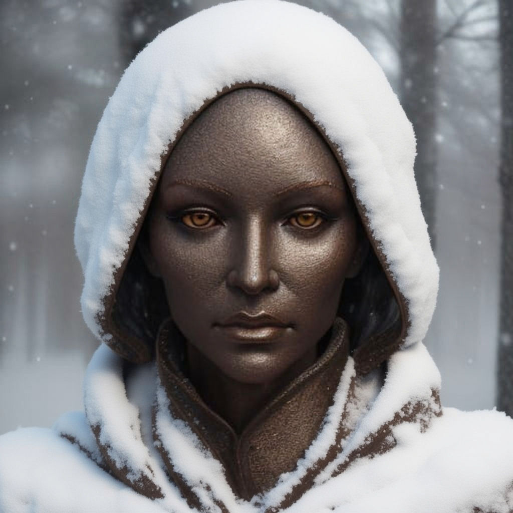 Bronze Woman Sculpture Head Covered in Snow