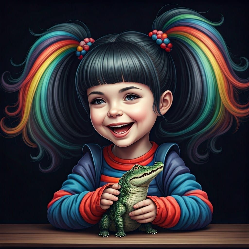Goth Rainbow Brite Girl Plays with Miniature Crocodile