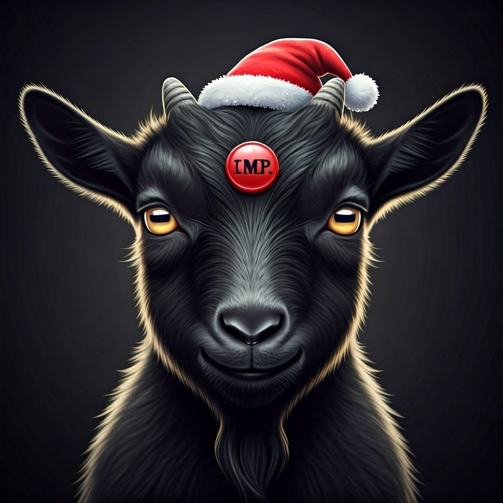 Whimsical Black Goat with Crimson Sticker and Christmas Hat
