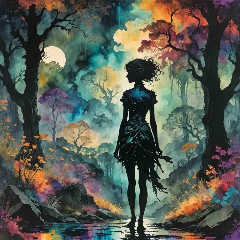 Grimdark Silhouette in Pre-Raphaelite Maximalist Landscape