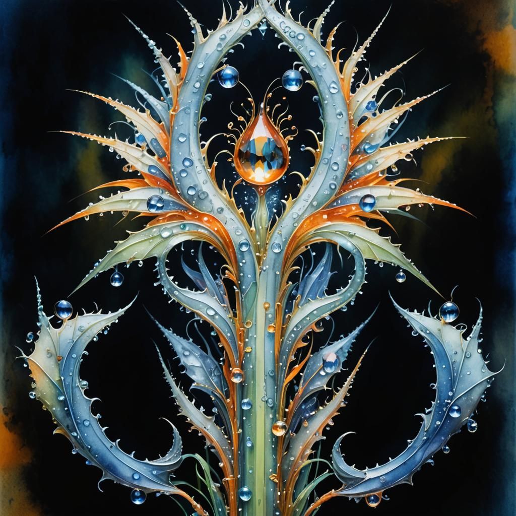 Dew Drops Refract Light in Surreal Bioluminescent Watercolor