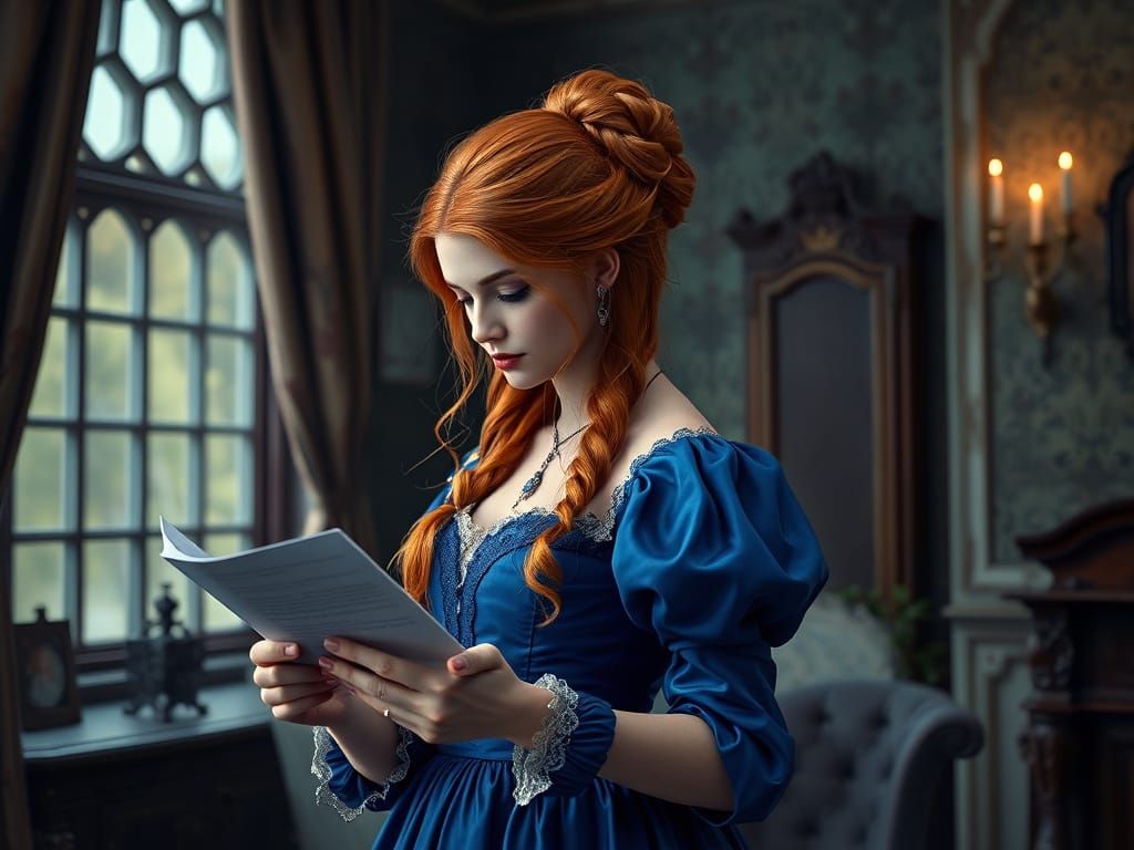 Elegant Lady Reads Letter in Regal Splendor