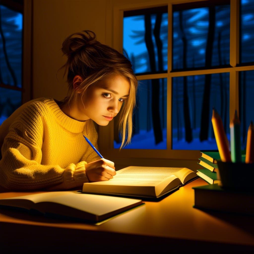Girl Studying at Desk with Forest View