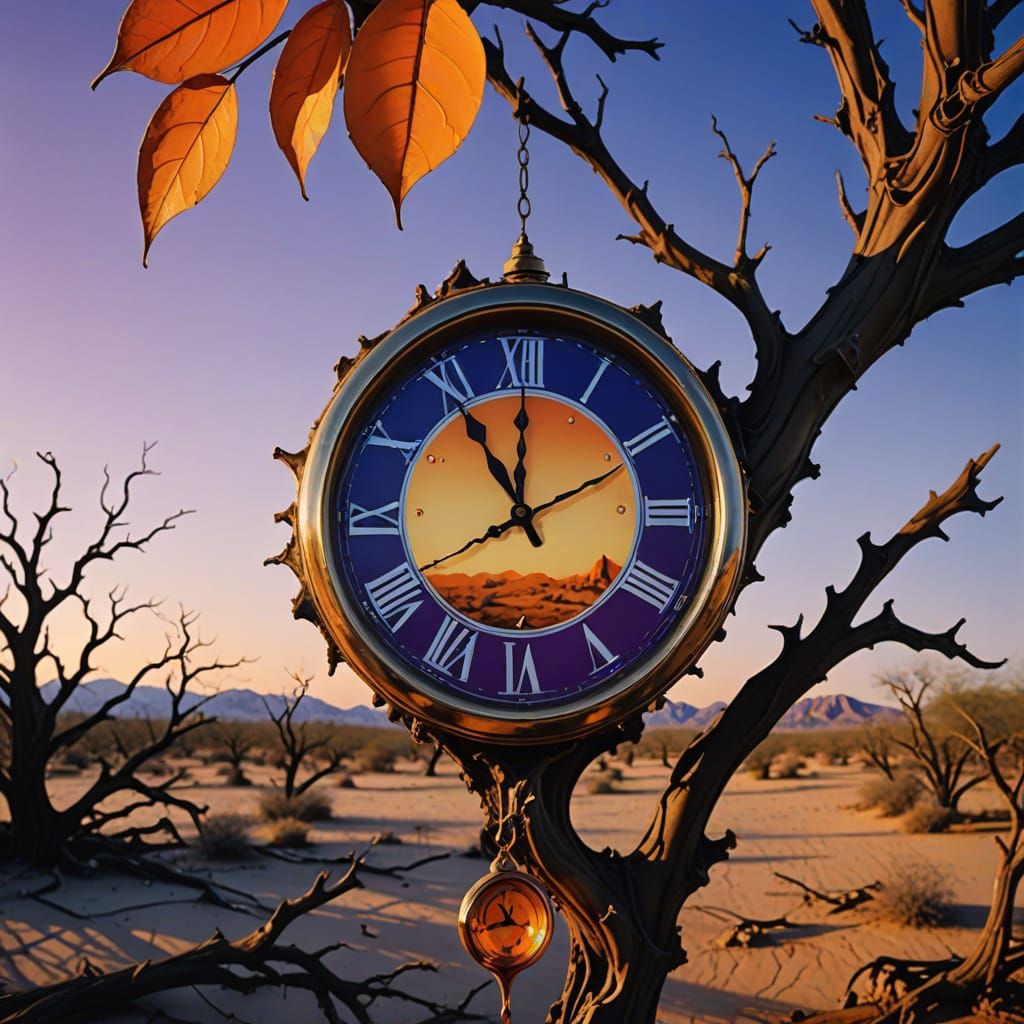 Surreal Melting Clock in Desert Landscape