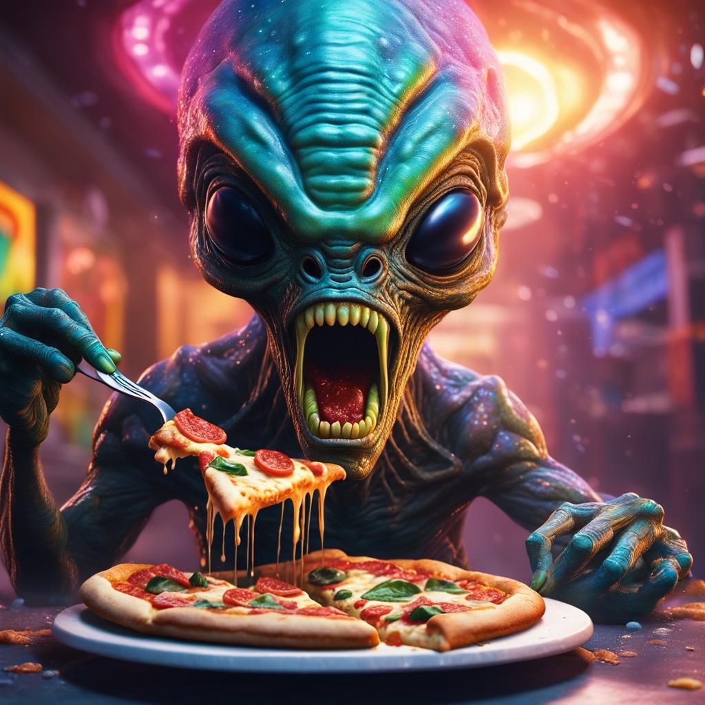 Hyperrealistic 3D Alien Eating Pizza