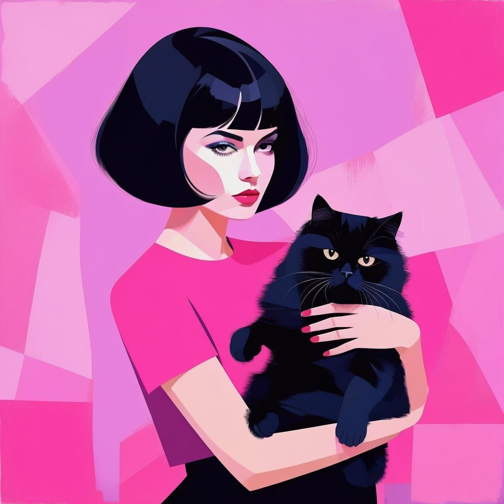 Dark Haired Girl With Persian Cat in Pink Hues