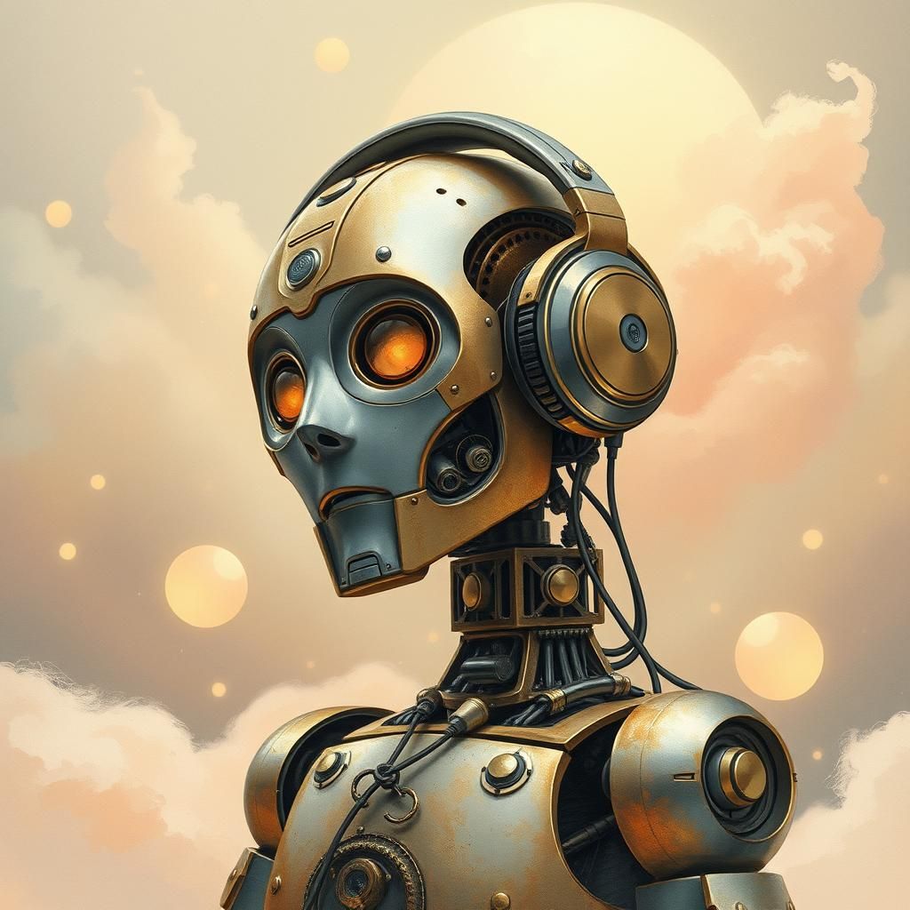 Steampunk Robot Listening to Music in Watercolor Style