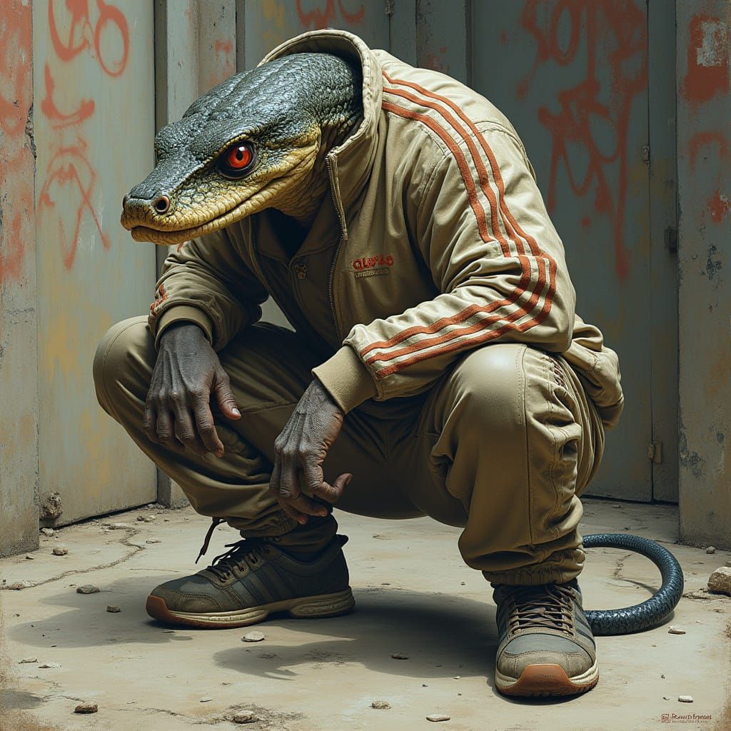 Gritty Urban Warrior with Viper's Head and Adidas Tracksuit