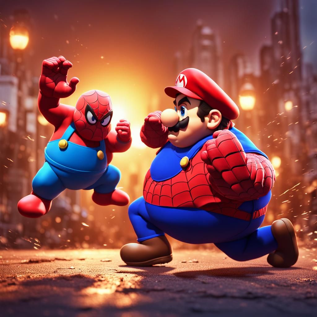Fat Mario Battles Spiderman: 3D Digital Art