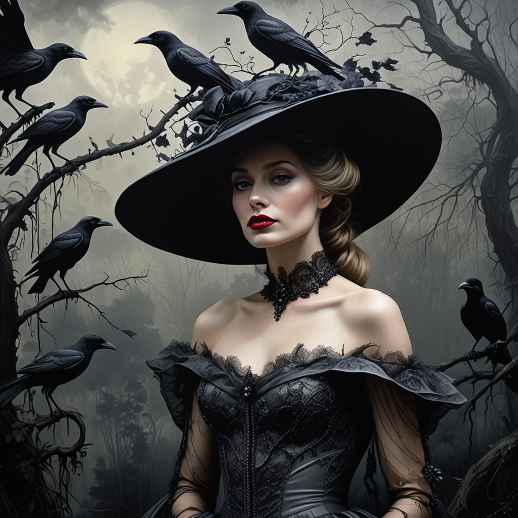 Eerie Countess in Acrylic Painting with Crows