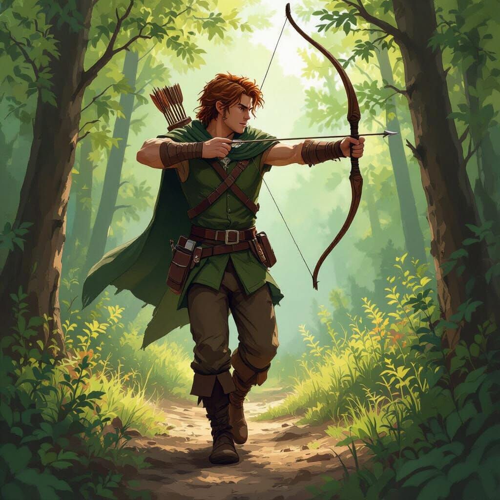 Young Archer in Forest, Digital Art Illustration