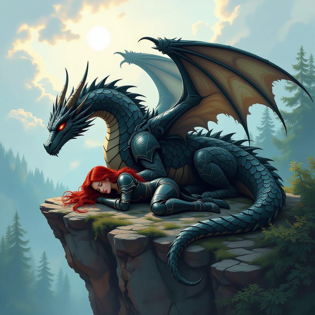 Mystical Dragon and Warrior Maiden on Cliffside