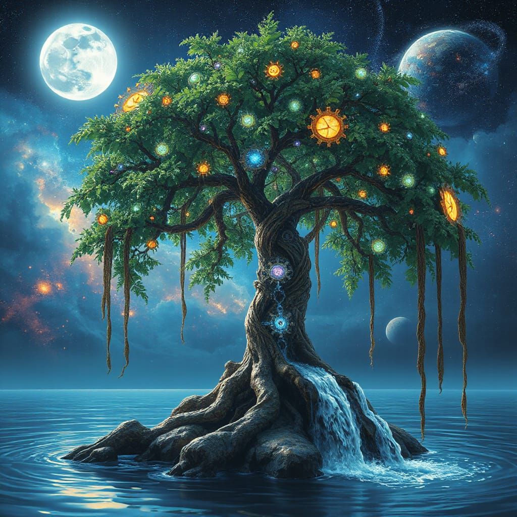 Celestial Tree of Life with Gears and Stardust Waterfall