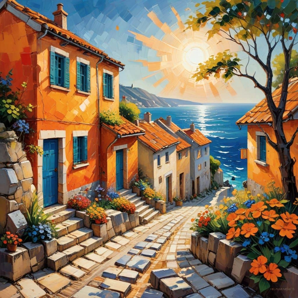 Ancient Coastal Village in Neo-Impressionist Style