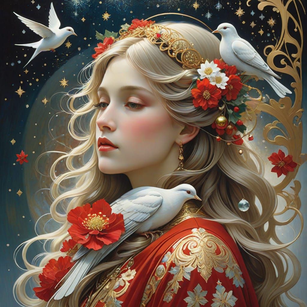 Ethereal Christmas Goddess with Dove and Snowflakes