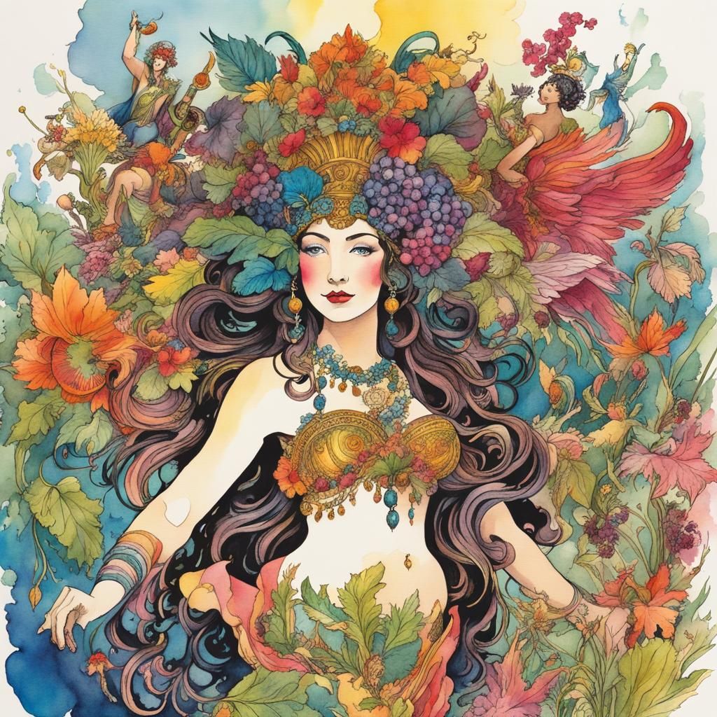 Bacchanalia Storybook Illustration with Maenads and Satyrs