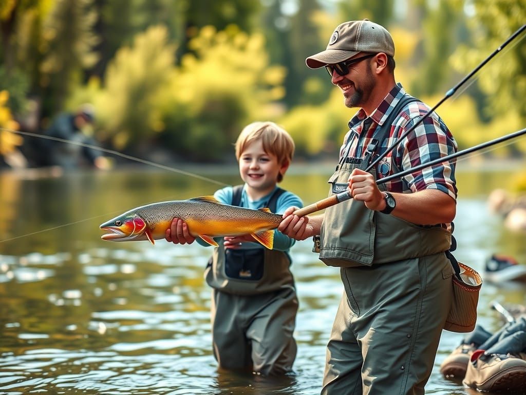 Father and Son Fly Fishing on Summer Day