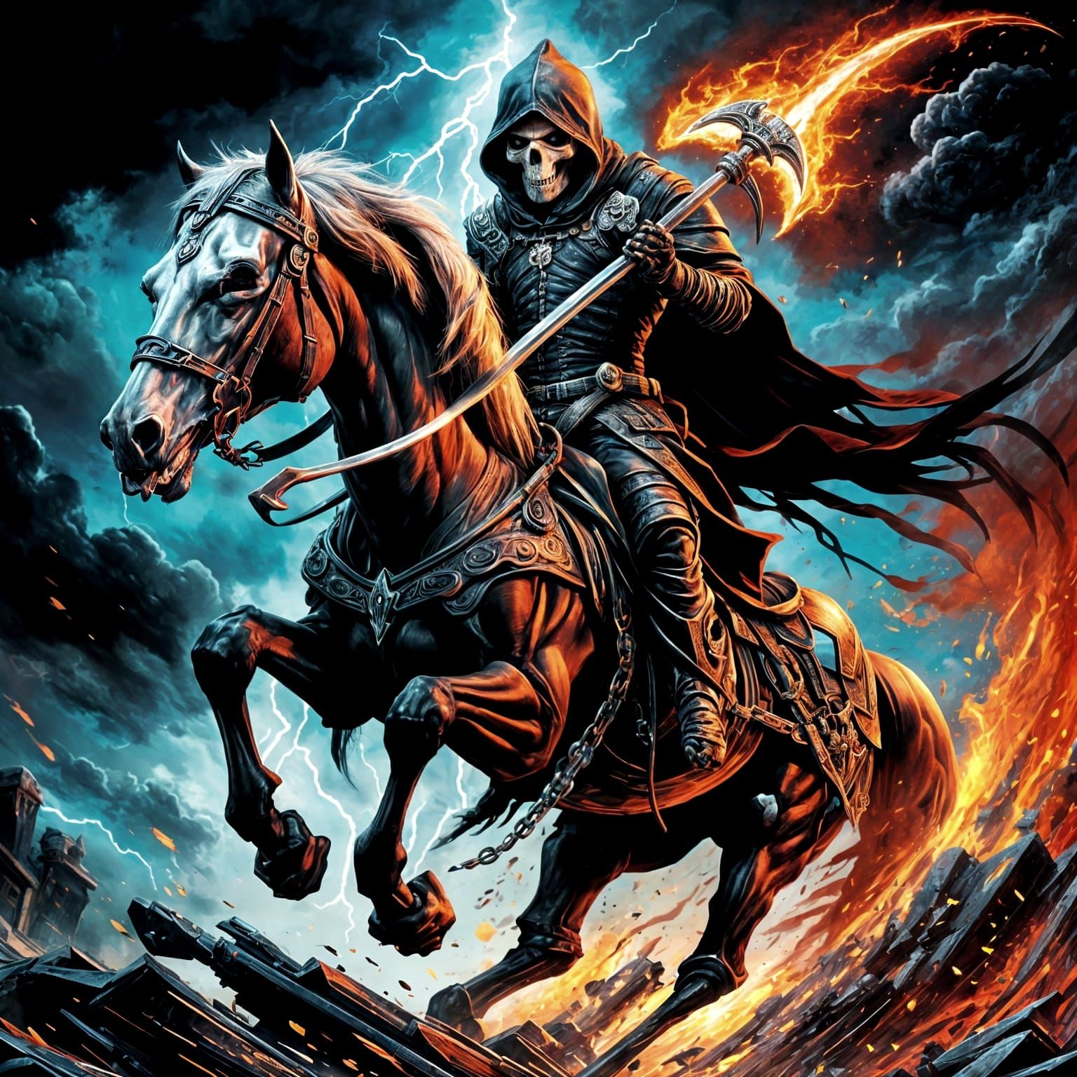 Skull Reaper Rides Storm in Graffiti Art Style