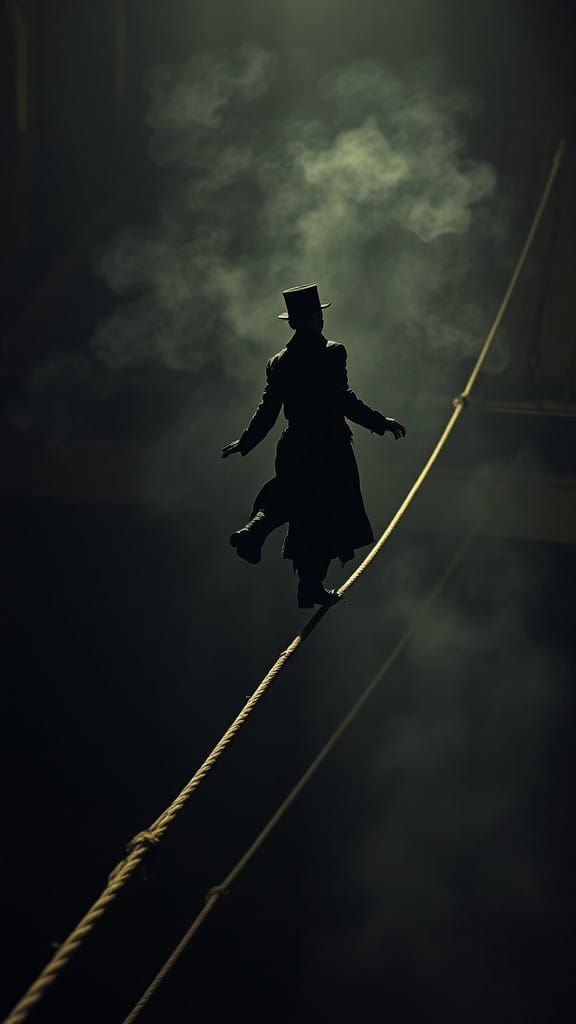 Tightrope Walker in Desolate, Gothic Landscape