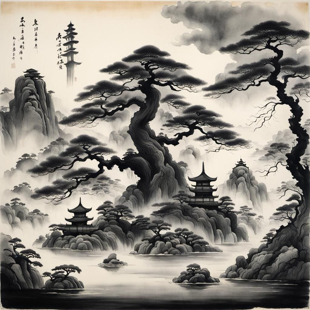 Surreal Bonsai Tree in Japanese Sumi-e Style