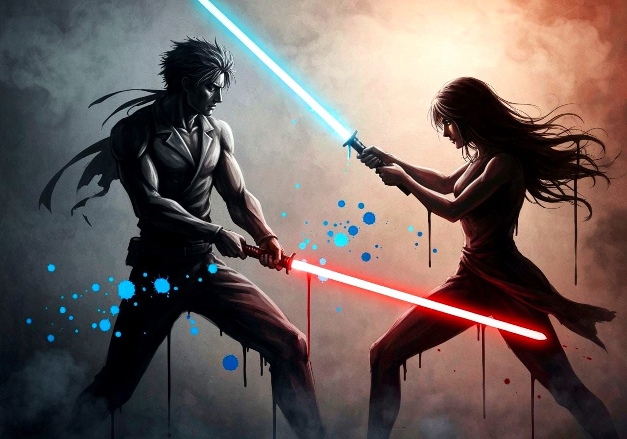 Anime Warriors Duel with Lightsabers in Ink Style