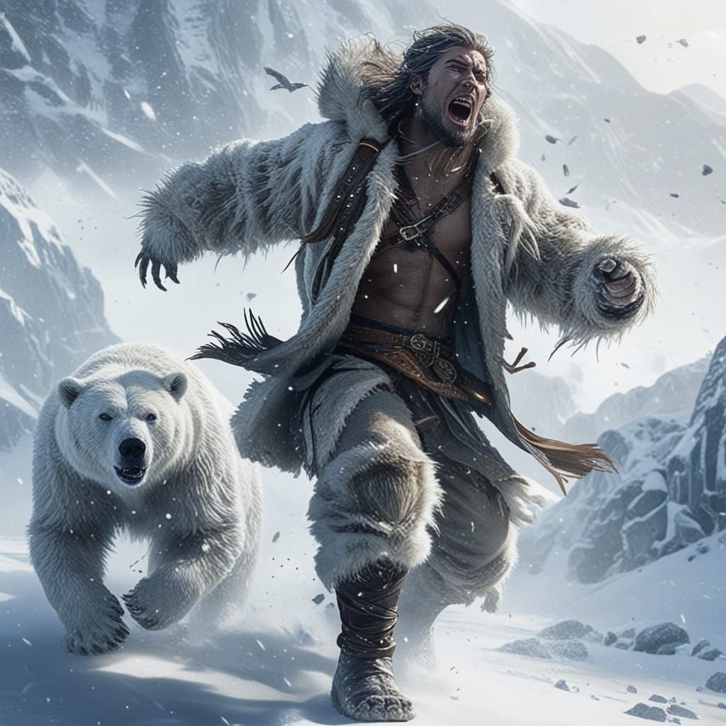 Powerful Male in Snowy Wilderness, Photorealistic 8k Image