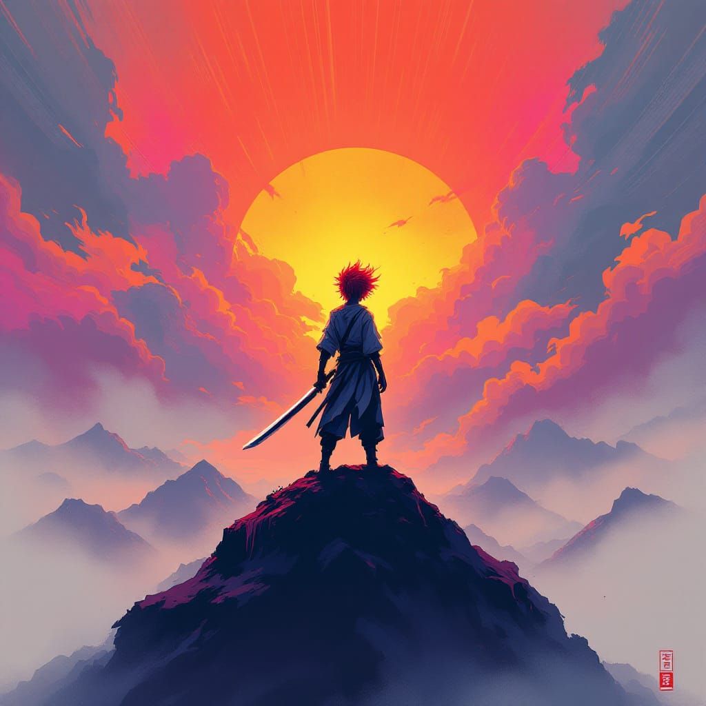 Fiery Demon Slayer on Misty Mountaintop at Sunset