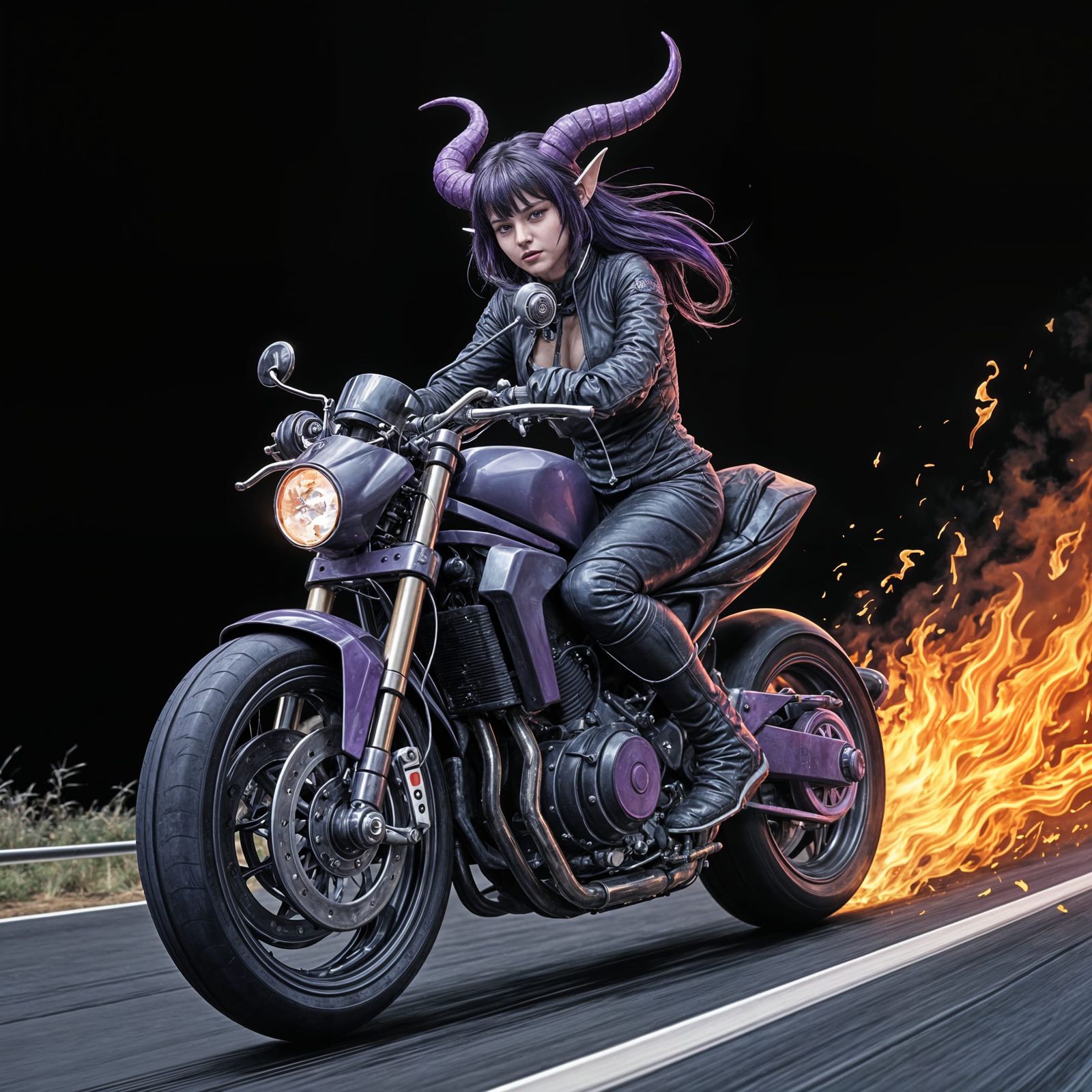 Ethereal Tiefling Rider on a Blazing Highway
