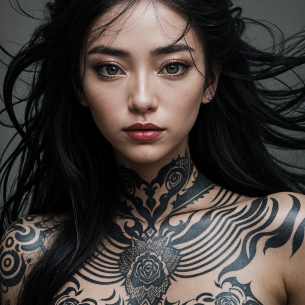 Stunning Japanese Woman Portrait with Calligraphy Tattoos