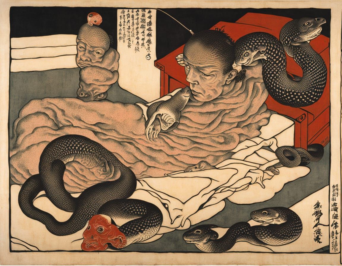 Bauhaus Homunculus Snake in Woodblock Art
