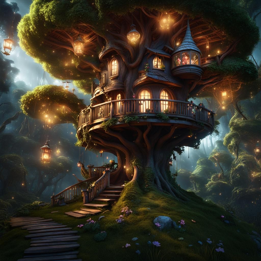 Whimsical Fairy Treehouse in Magical Forest, Hyperrealistic