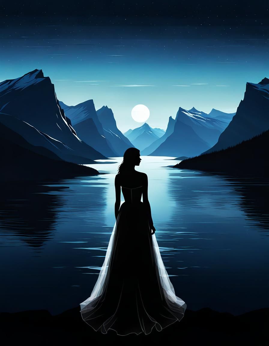 Norwegian Fjord Silhouette at Night in Vector Style