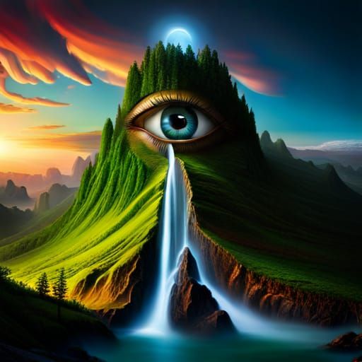 Surreal Mountain Eye Cries Waterfall: Photorealistic Digital...