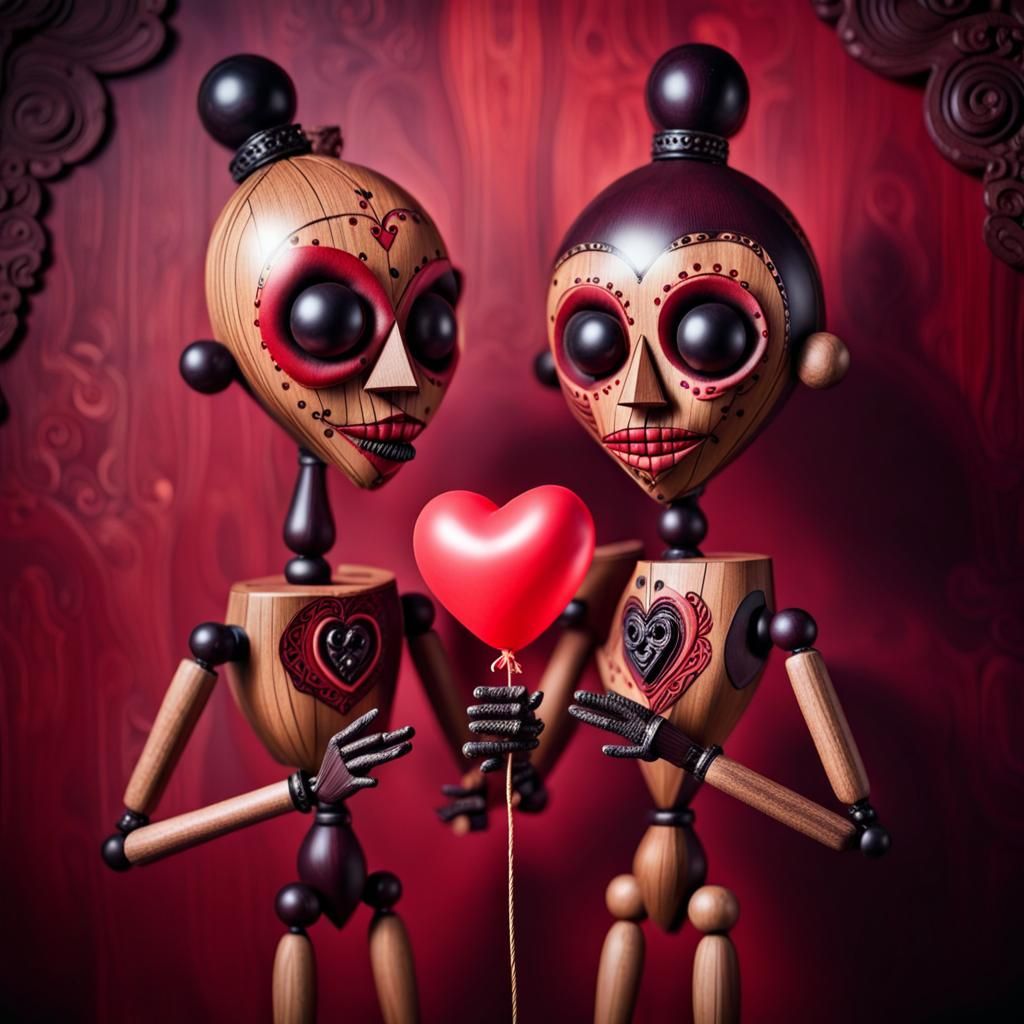Voodoo Puppets in Dark World Holding Heart Balloon