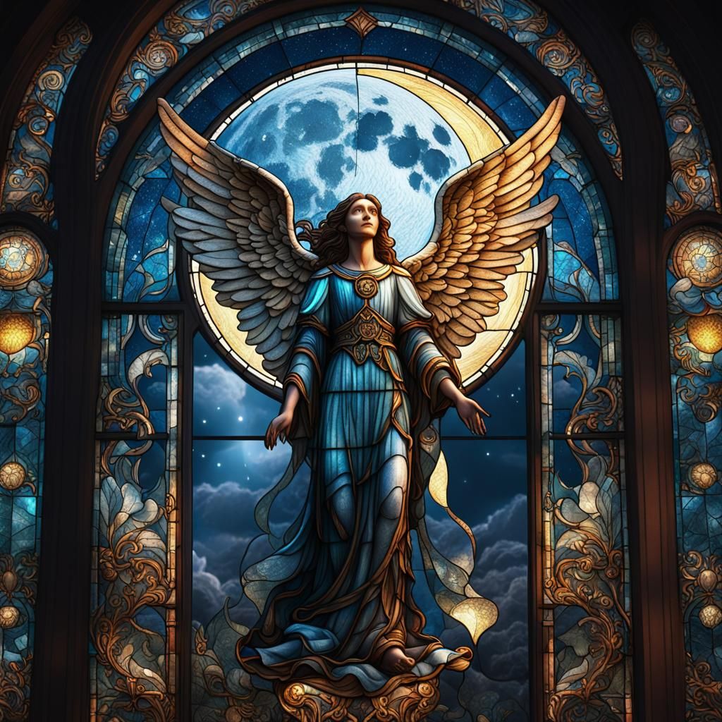 Stained Glass Angel Gazing at Moon