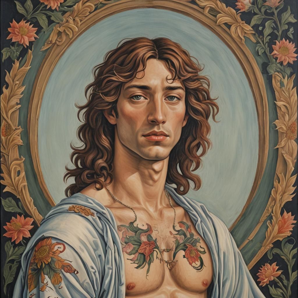 Botticelli Style Oil Painting: Emo Man with Tattoos