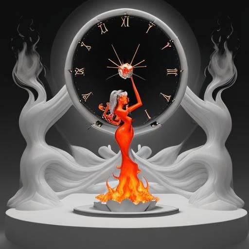 Surreal Melting Clock Heart in Fiery Monochrome