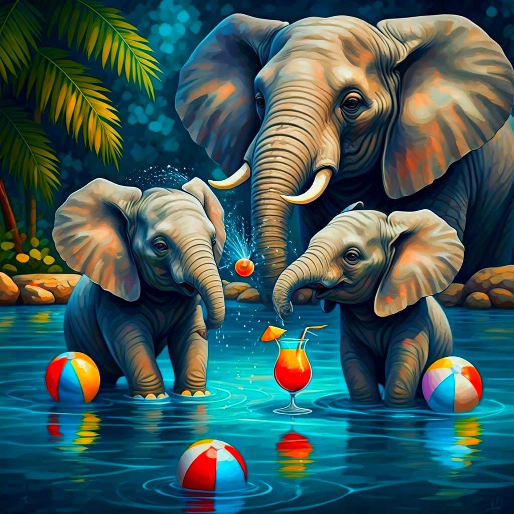 Elephants' Tropical Pool Party: Neo-Impressionist Painting