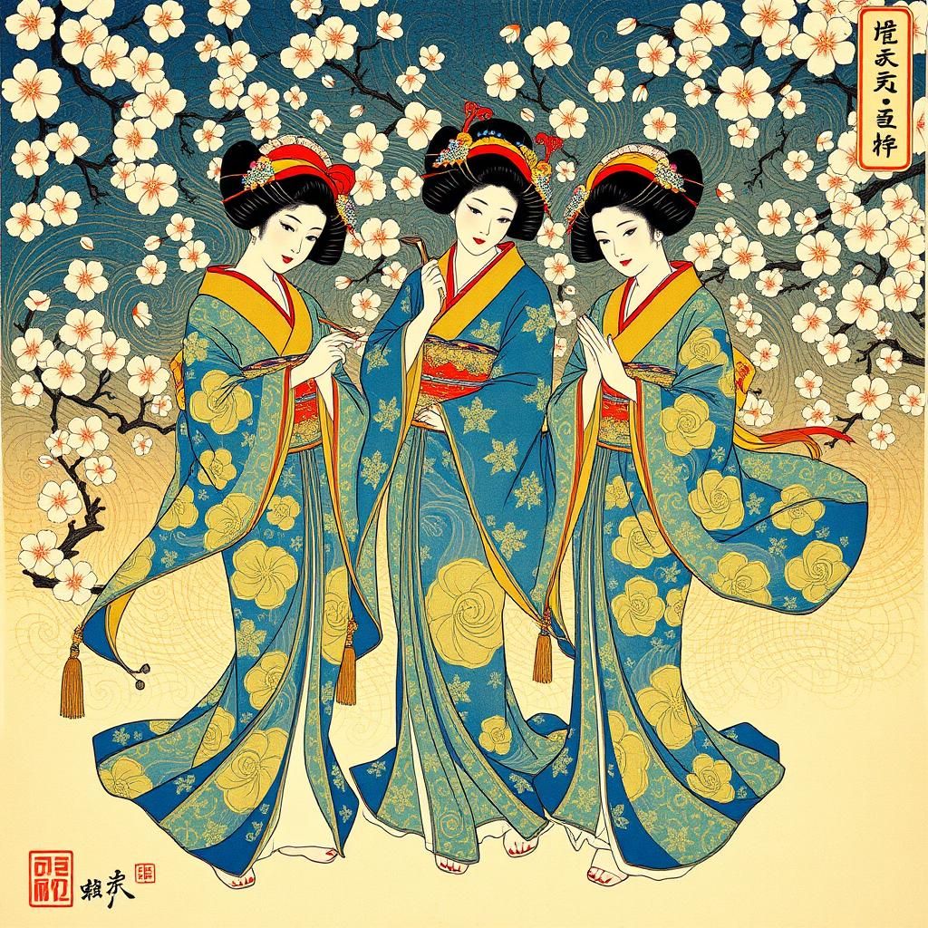 Ukiyo-e Maidens in Lively Japanese Scene