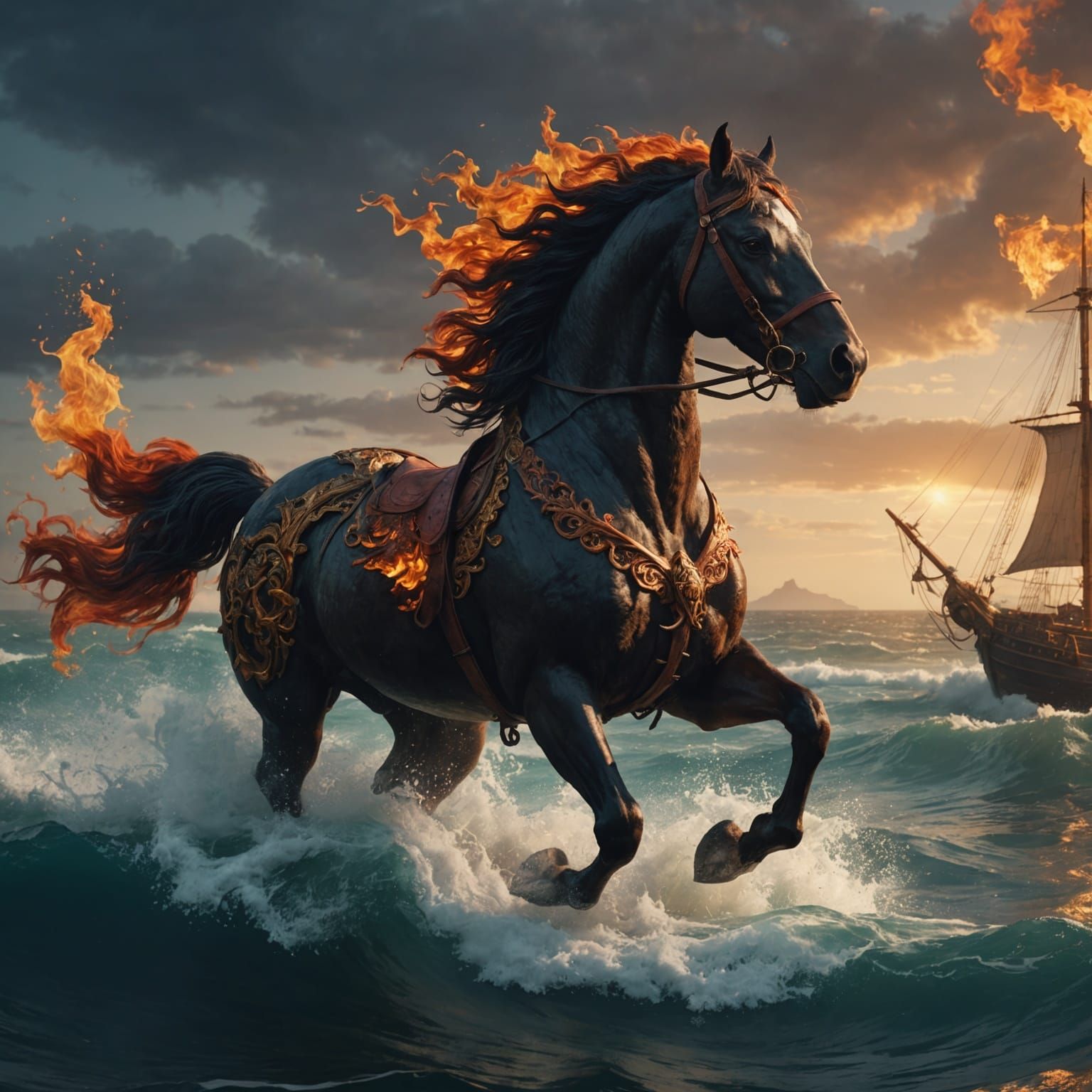 Fiery Horse Plunges into the Sea