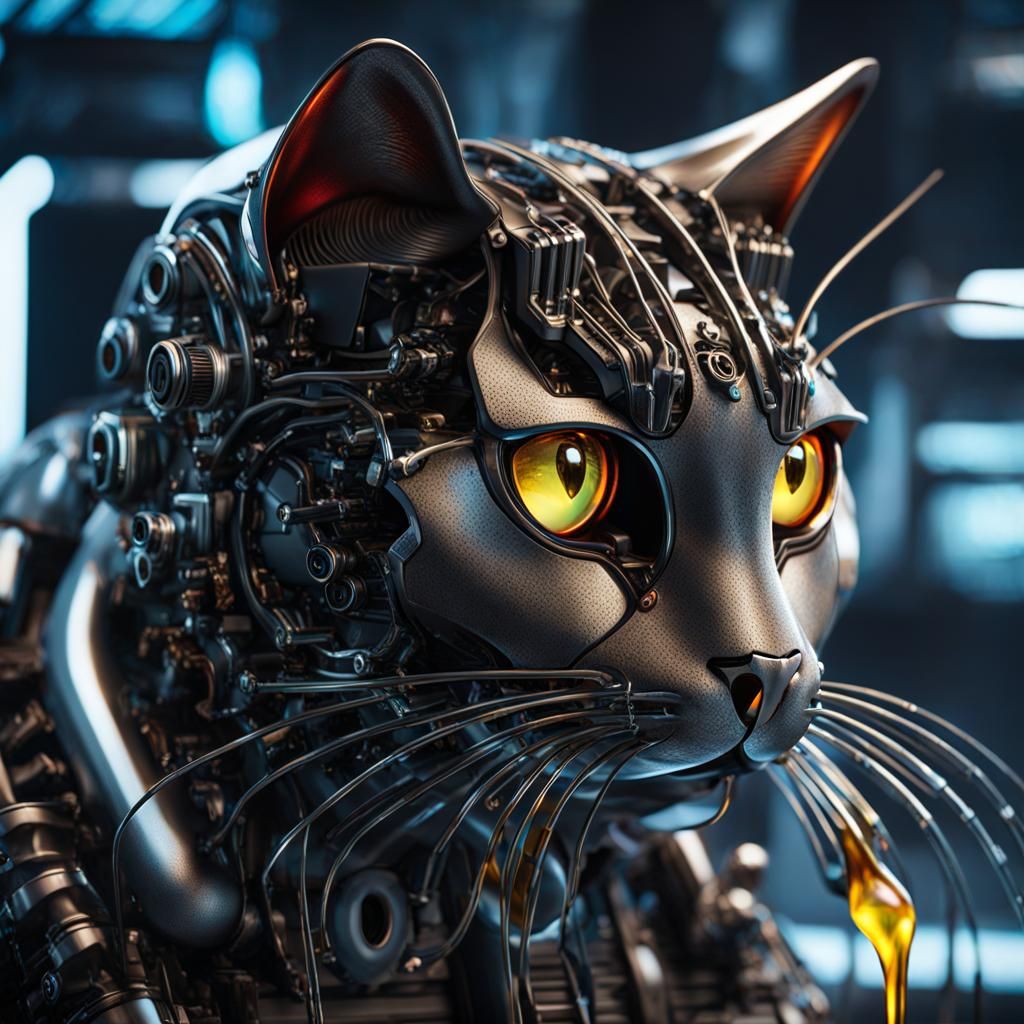 Futuristic Cyber Cat Licking Oil, Sci-Fi Art