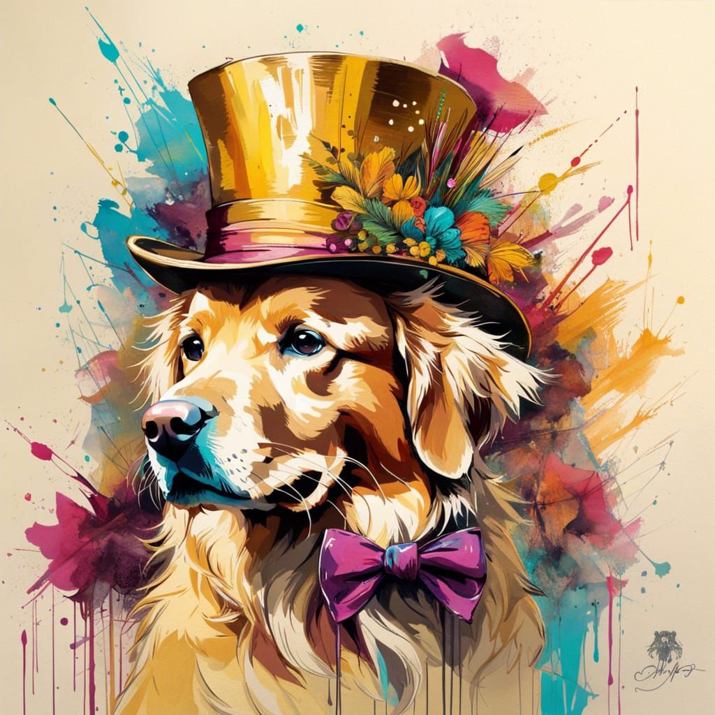 Golden Retriever in Tophat: Vivid Pencil Sketch Art